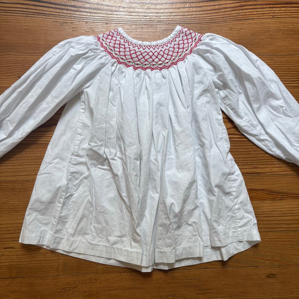 Shrimp & Grits Kids white cotton red smocked long sleeve‎ shirt SIZE 7